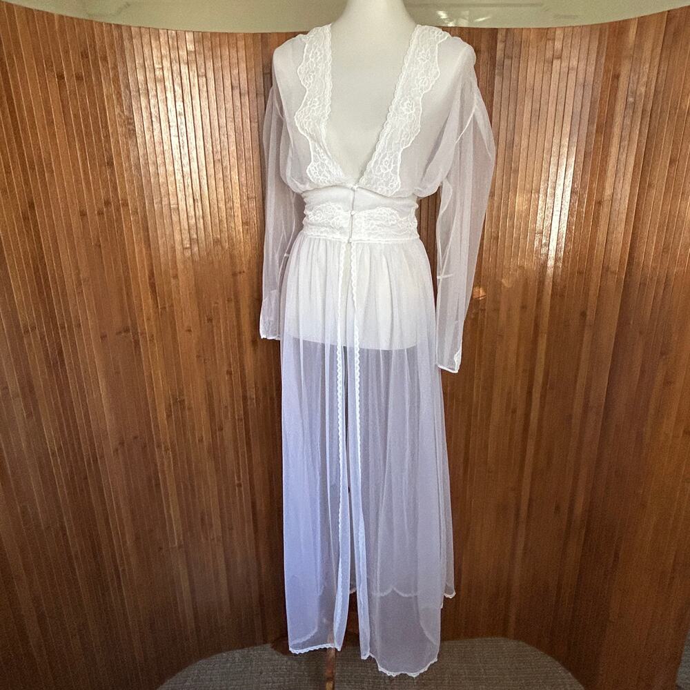 Vintage 70s White Sheer Nylon Lace Long Robe Peignoir Hostess Gown